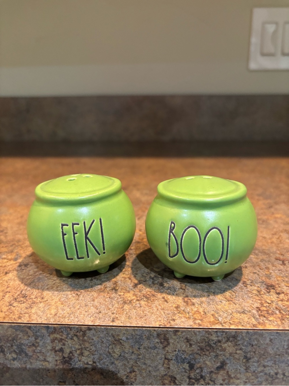 Green "EEK!" and "BOO!" Cauldron Salt & Pepper Shakers - Home decor, Rae Dunn